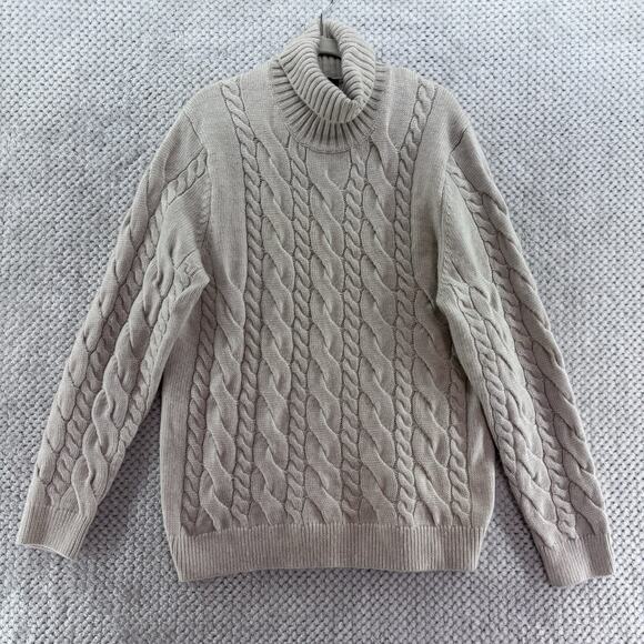 Express Sweater Womens Large Oatmeal Chunky Cable Knit Tunic Length Turtle Neck - Picture 1 of 11